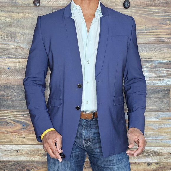 Les Hommes Wool Blend Blue Modern Collar Working Cuffs Blazer Sport Jacket 40R - Picture 6 of 11